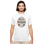 Man wearing a white t-shirt with a graphic design on a white background