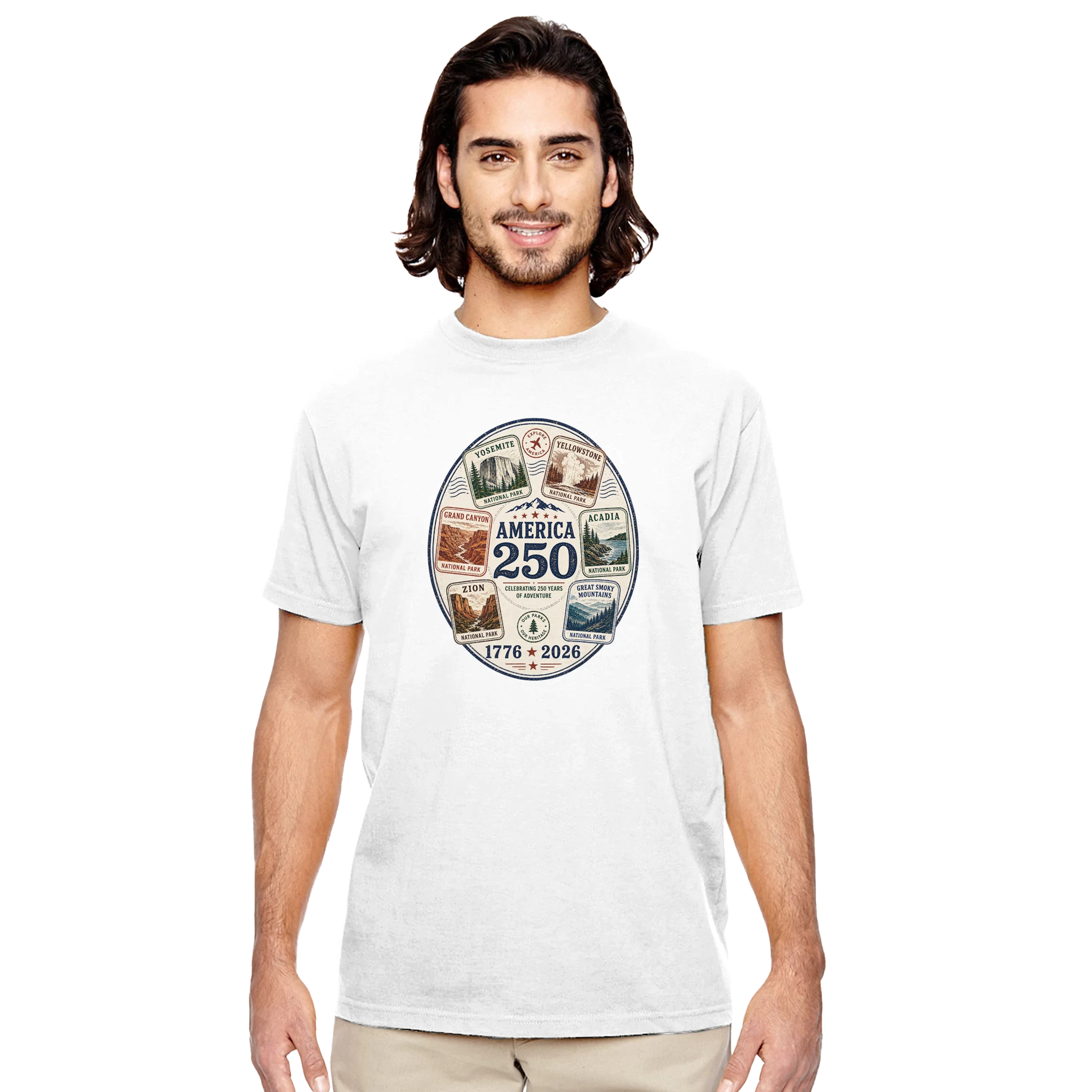Man wearing a white t-shirt with a graphic design on a white background