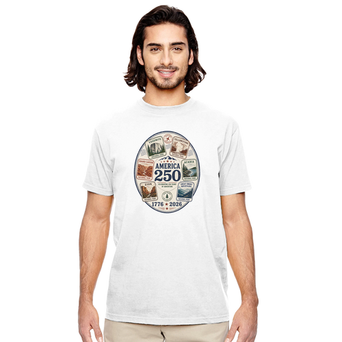 Man wearing a white t-shirt with a graphic design on a white background