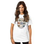 Woman wearing a graphic white tee