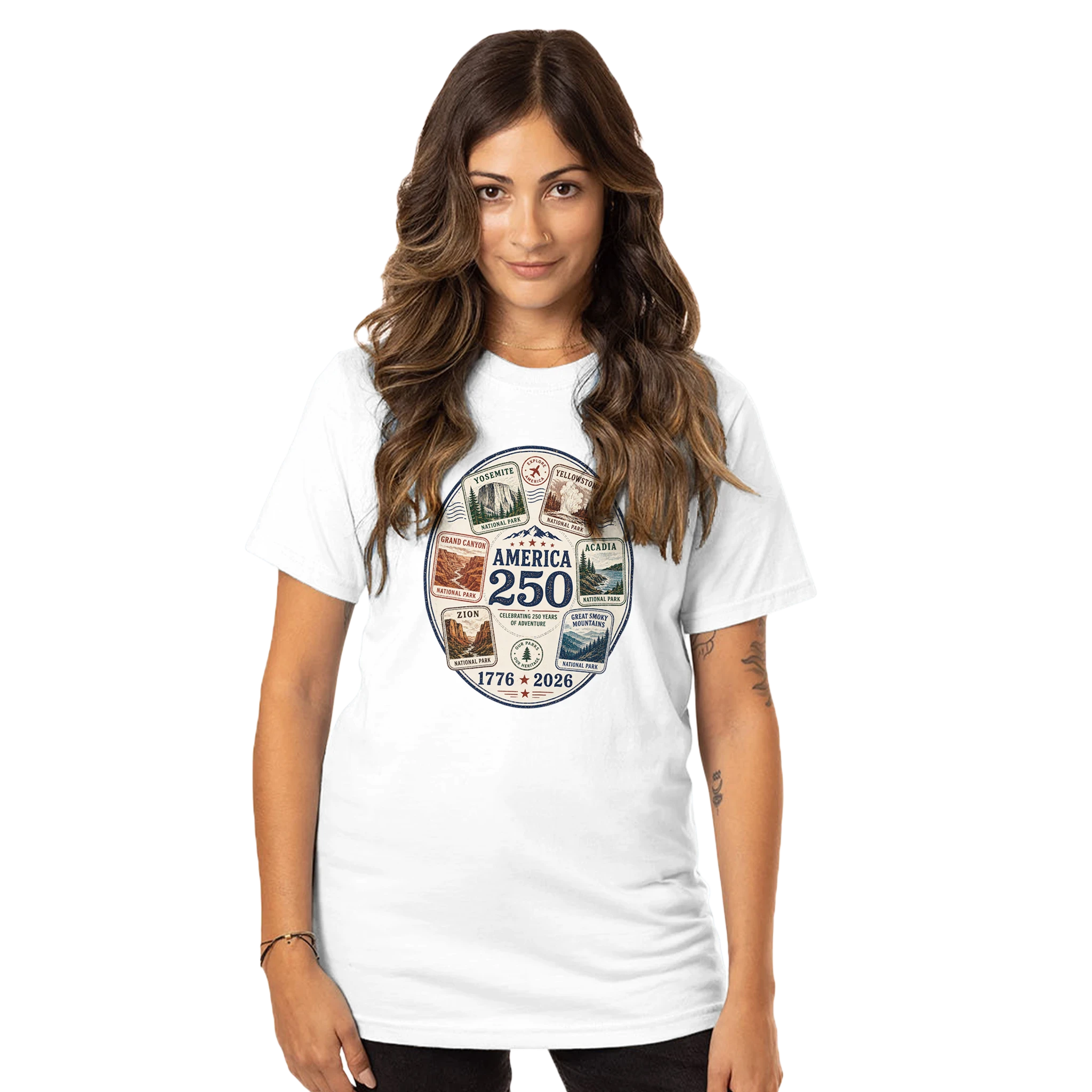 Woman wearing a graphic white tee