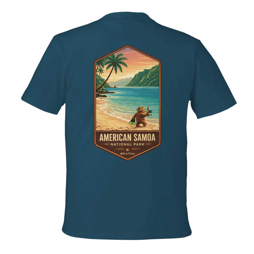 Blue t-shirt with American Samoa National Park graphic on a white background