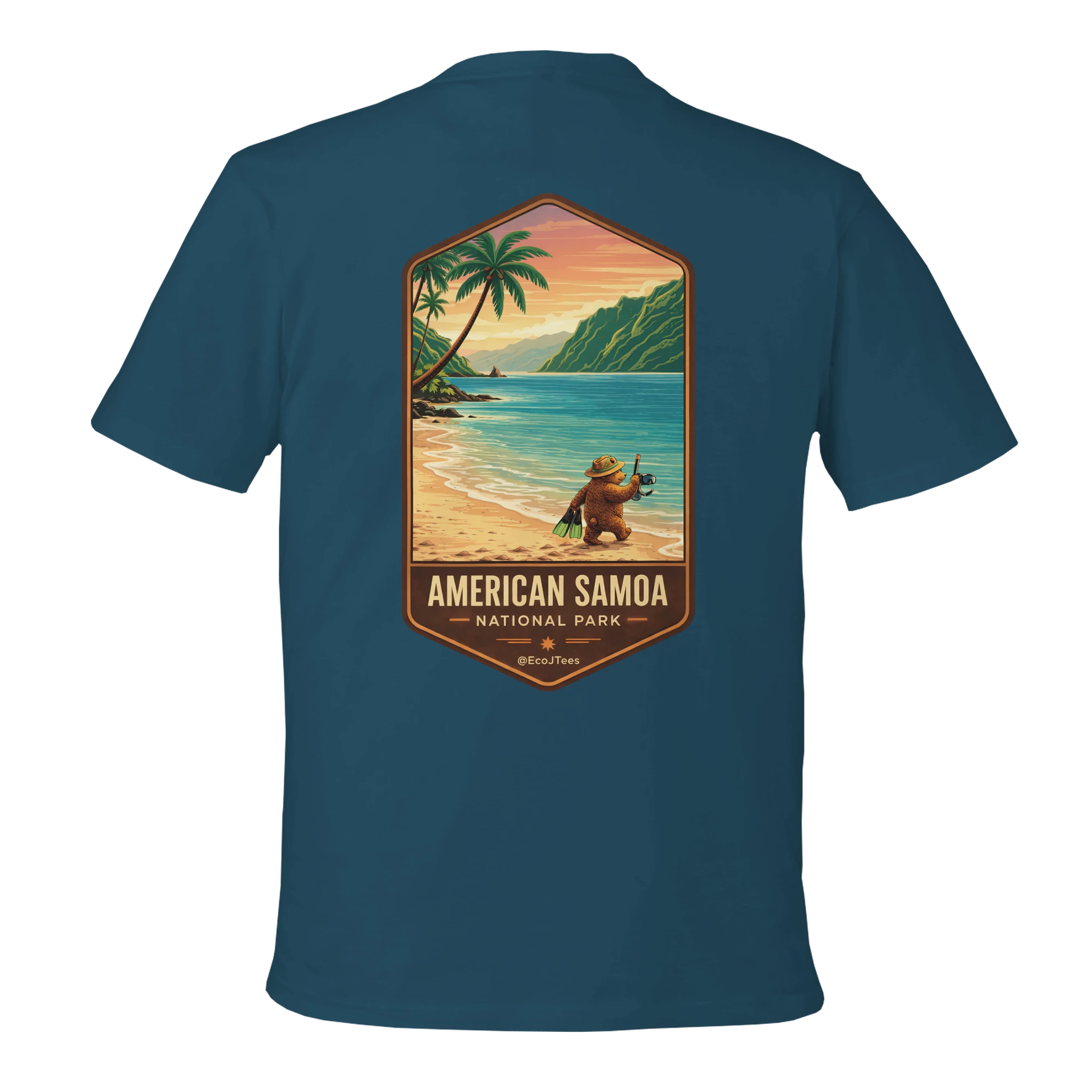 Blue t-shirt with American Samoa National Park graphic on a white background