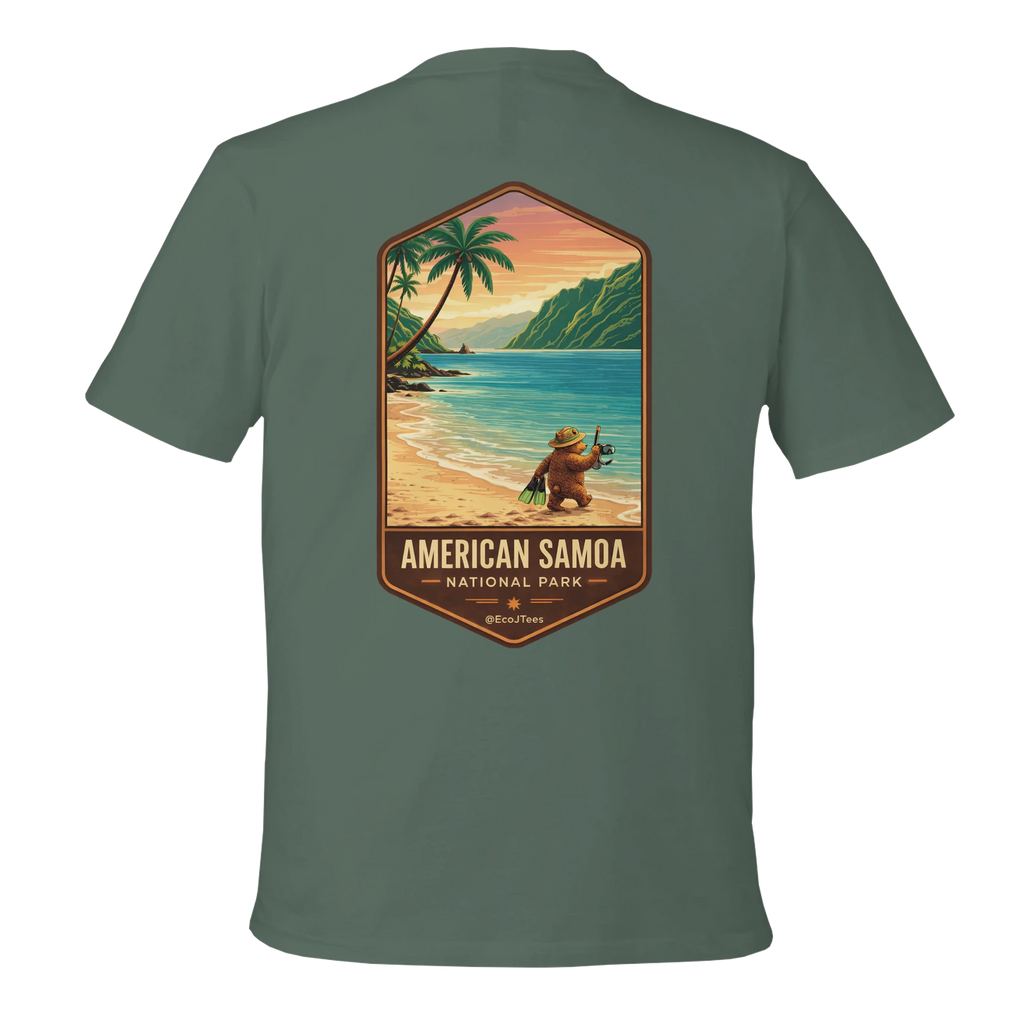 Green t-shirt with American Samoa National Park graphic on a white background