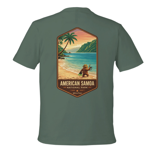 Green t-shirt with American Samoa National Park graphic on a white background