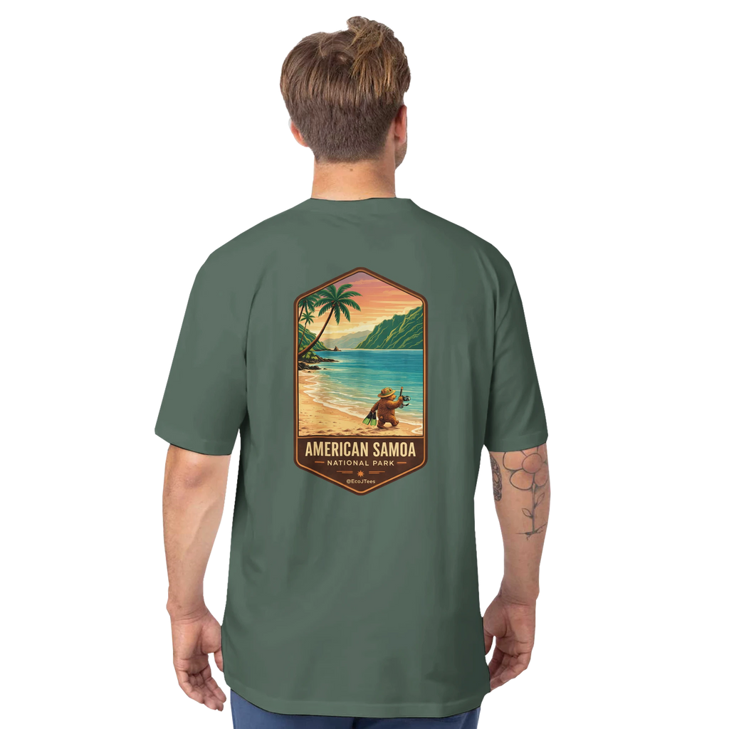 Person wearing a green t-shirt with a 'American Samoa National Park' graphic on the back.