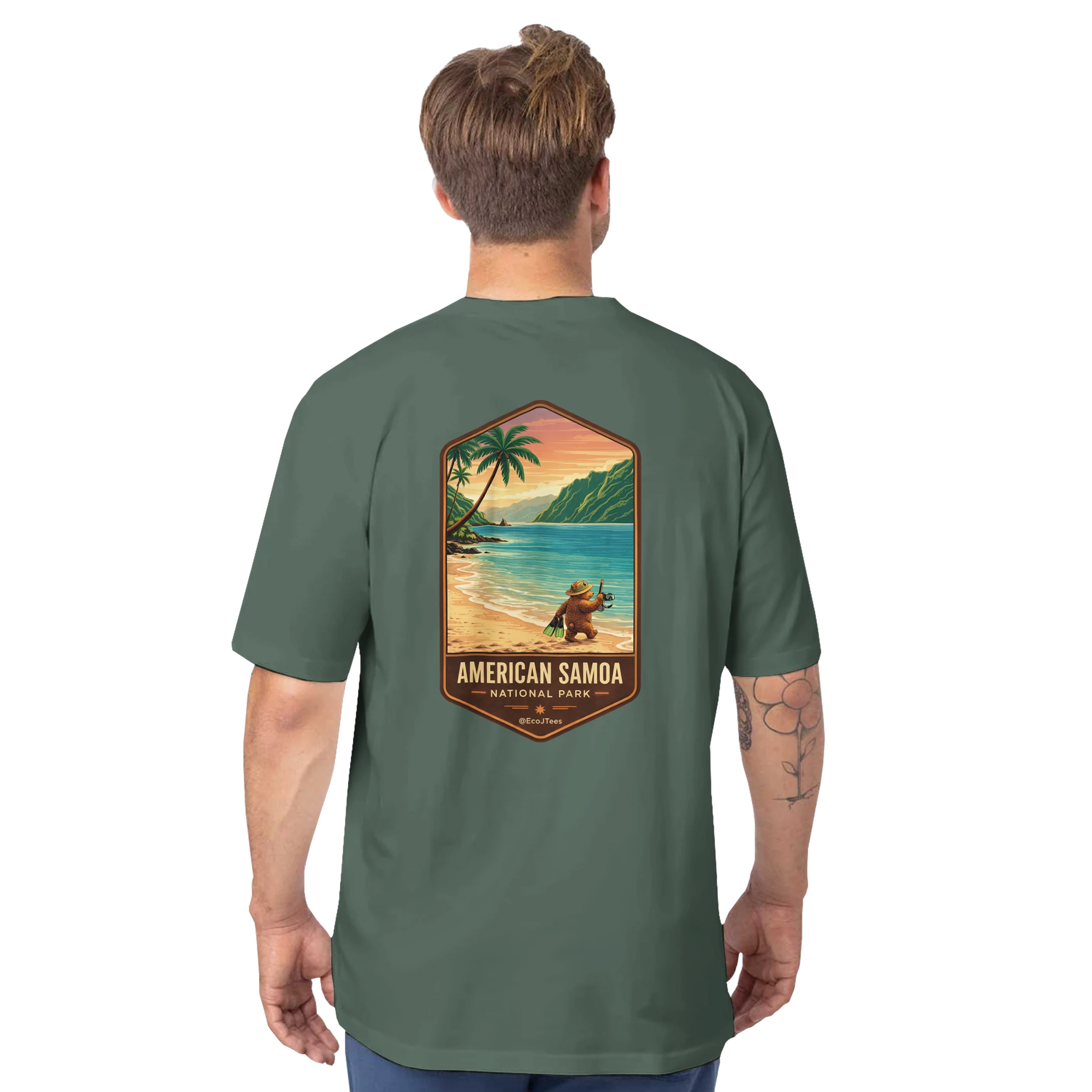 Person wearing a green t-shirt with a 'American Samoa National Park' graphic on the back.