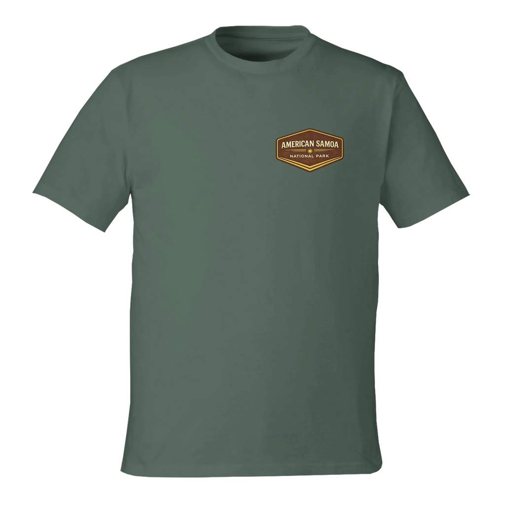 Green t-shirt with a logo on the chest against a white background
