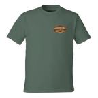 Green t-shirt with a logo on the chest against a white background