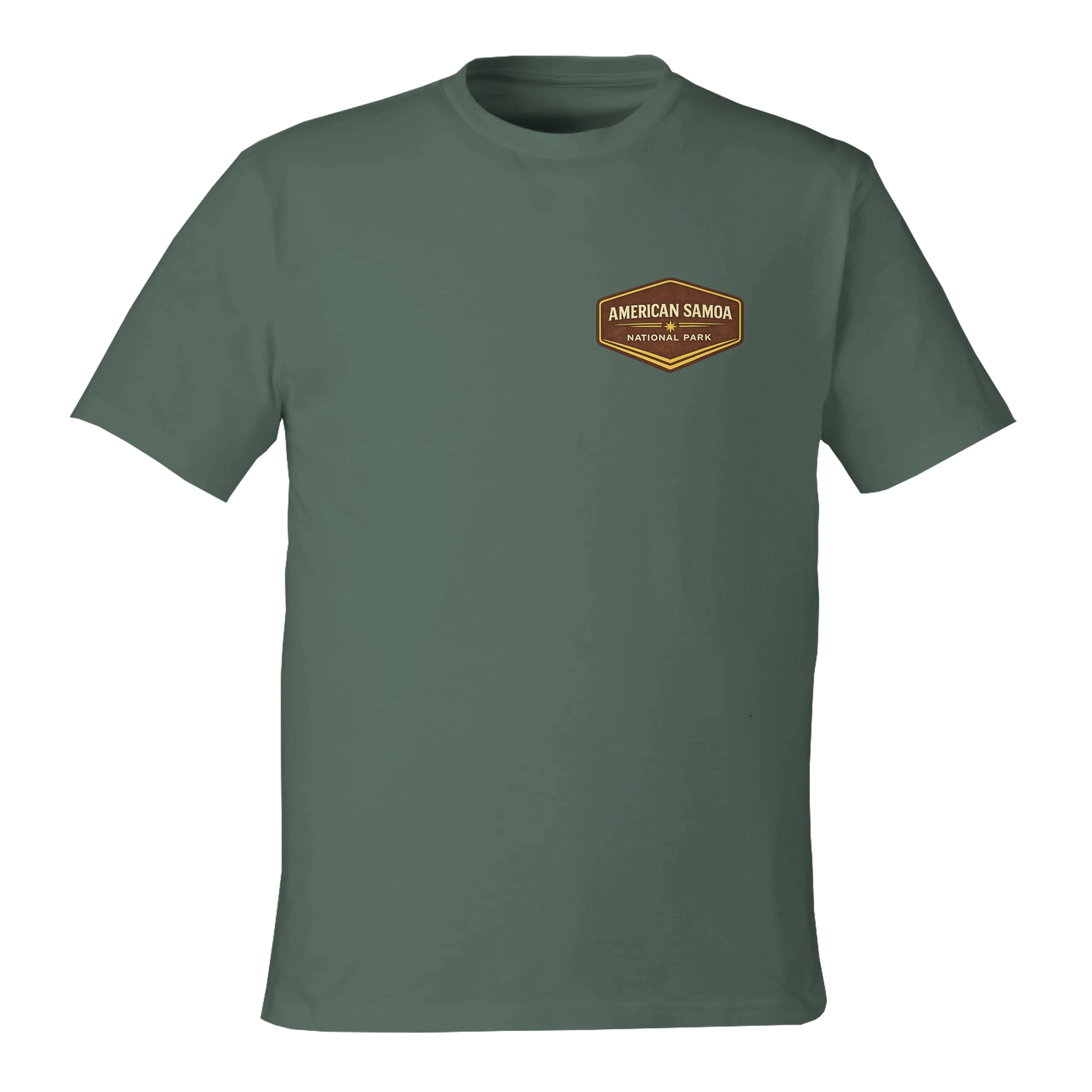 Green t-shirt with a logo on the chest against a white background