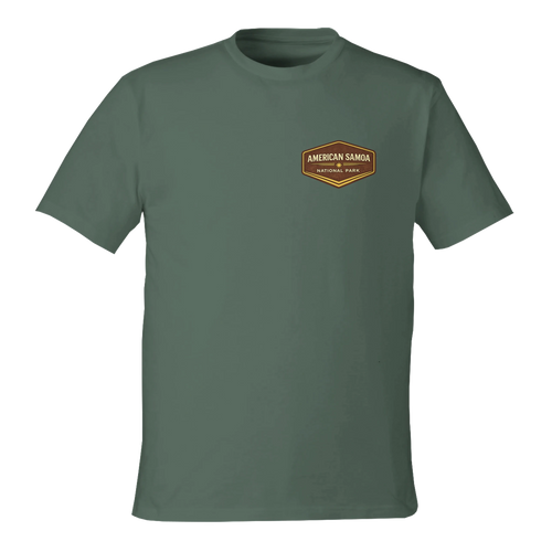 Green t-shirt with a logo on the chest against a white background