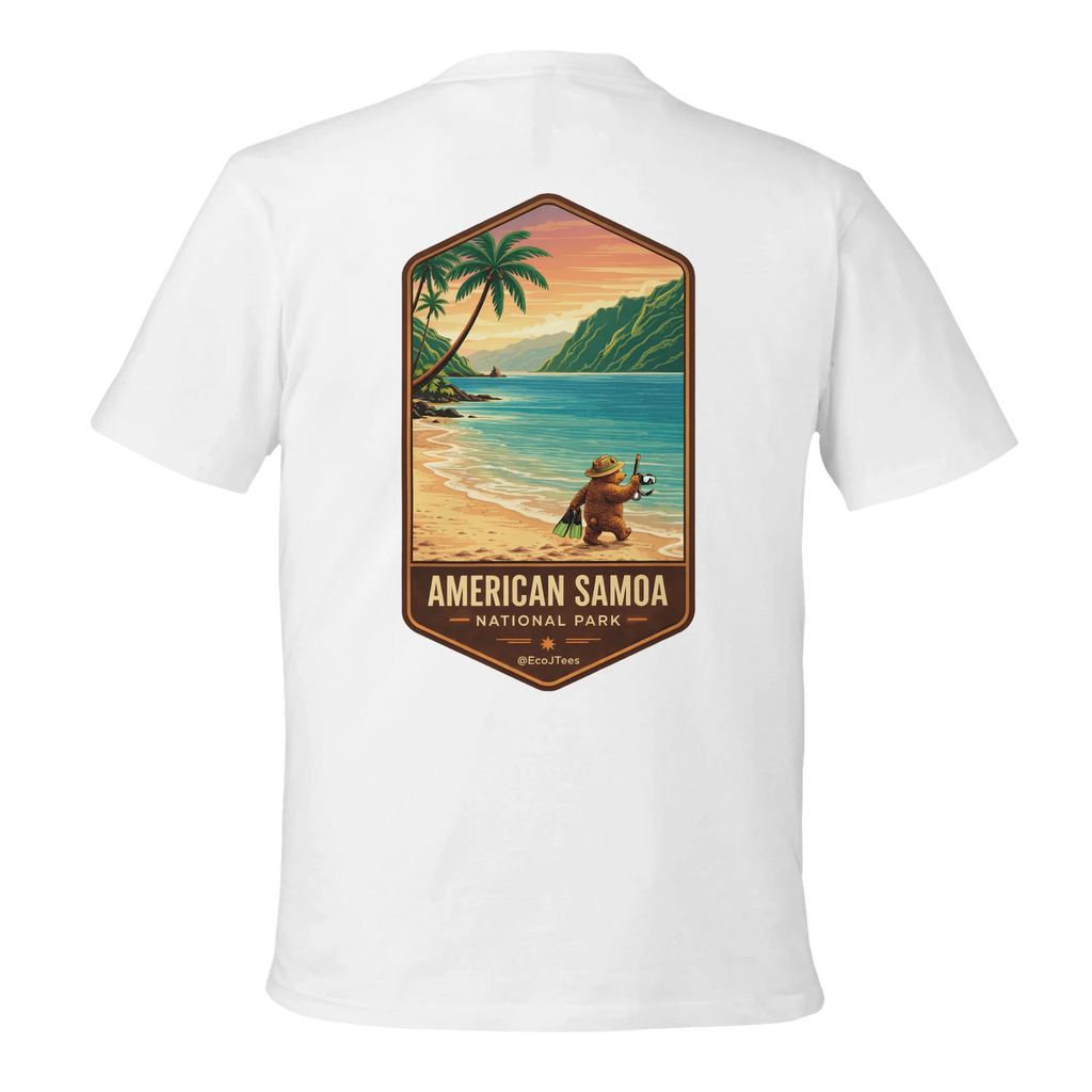 White t-shirt with American Samoa National Park graphic on a white background