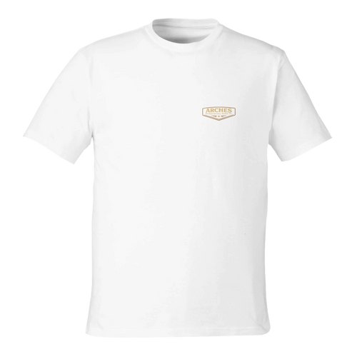White t-shirt with a small logo on a white background