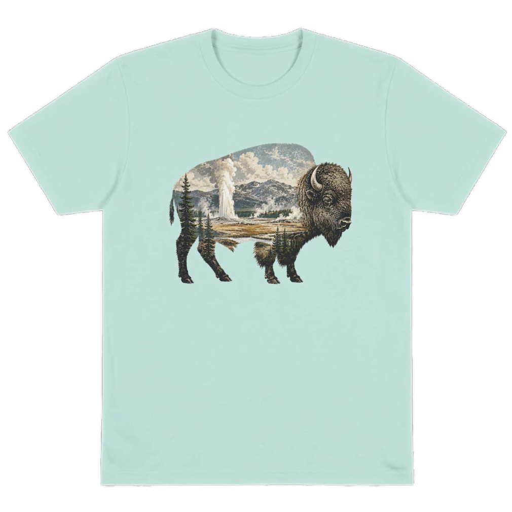 Arctic Blue tee with Yellowstone's geysers shown within the silhouette of a bison