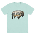 Arctic Blue tee with Yellowstone's geysers shown within the silhouette of a bison