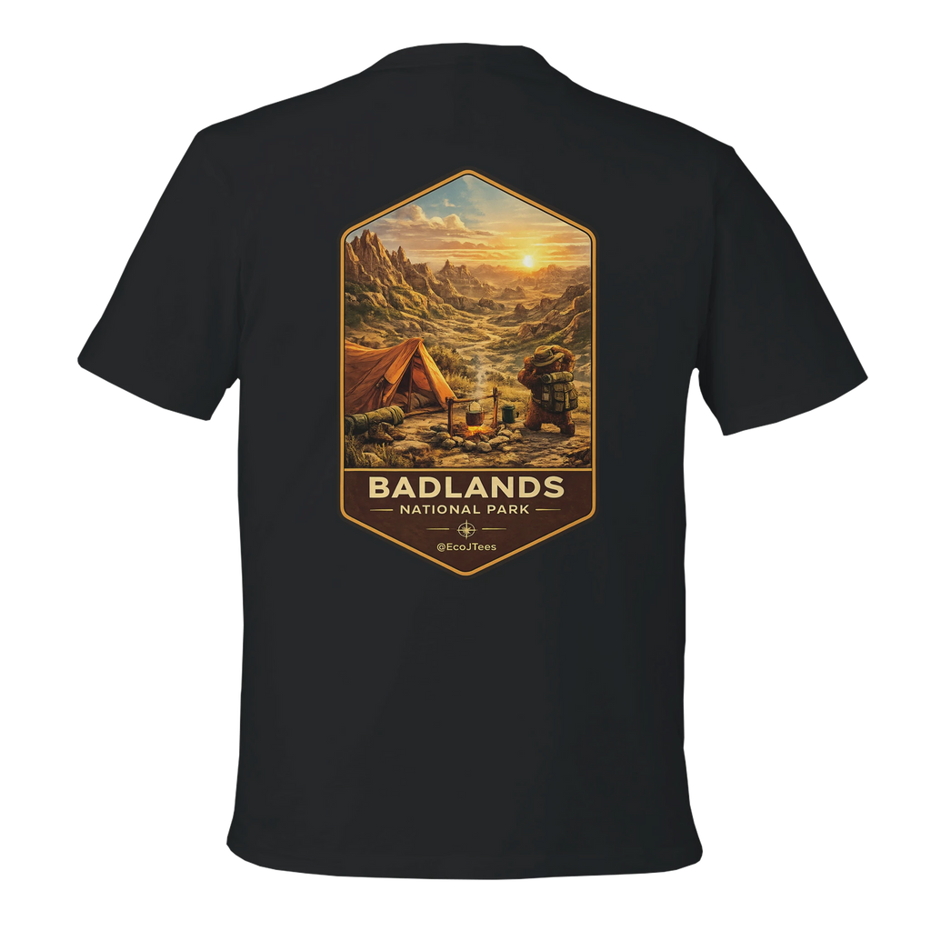 Black t-shirt with Badlands National Park graphic on the back