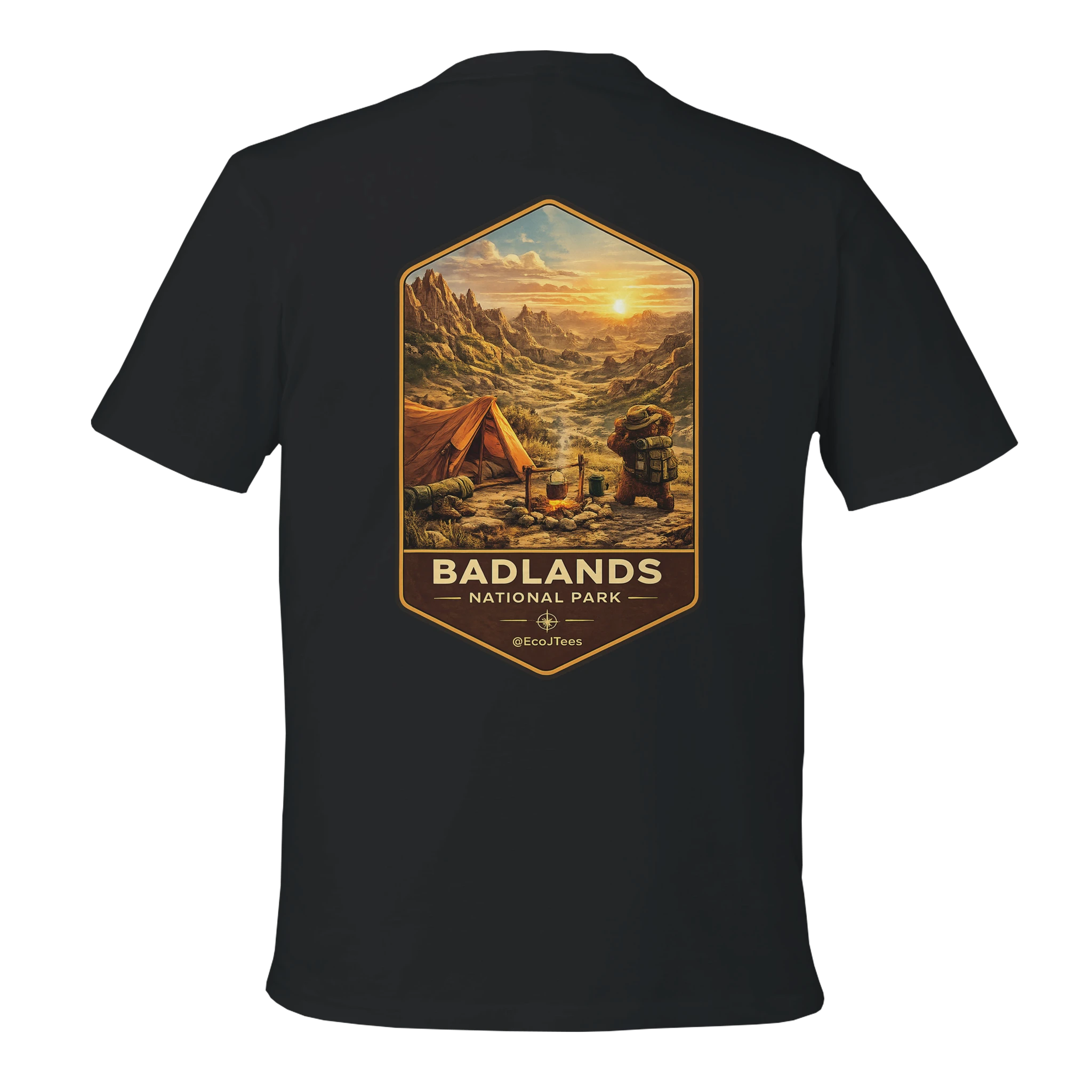 Black t-shirt with Badlands National Park graphic on the back