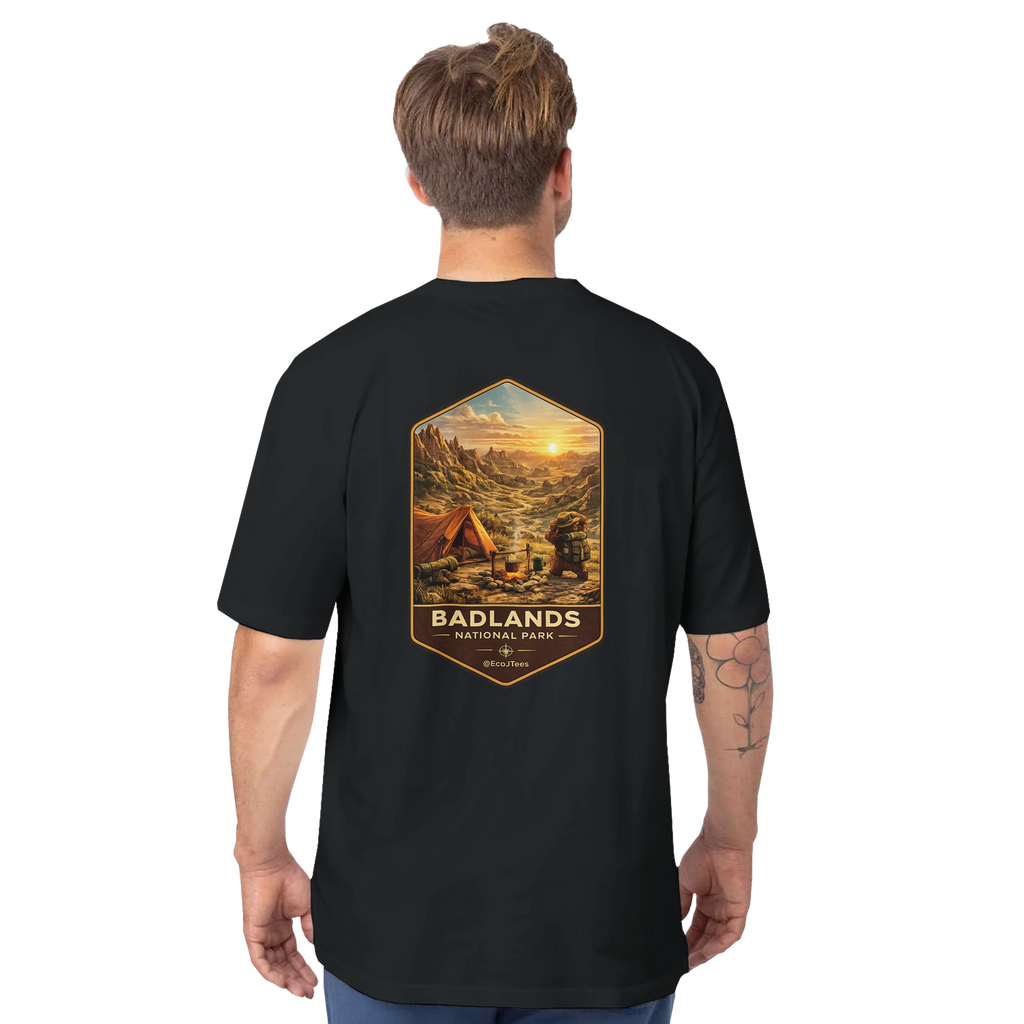 Person wearing a black t-shirt with Badlands National Park graphic on the back
