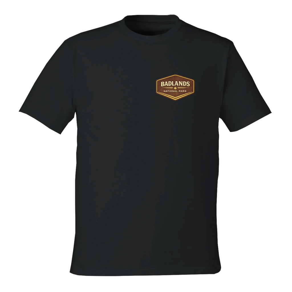 Black t-shirt with a 'Badlands National Park' logo on a white background