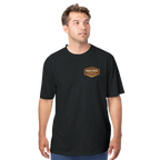 Man wearing a black t-shirt with a logo on a white background