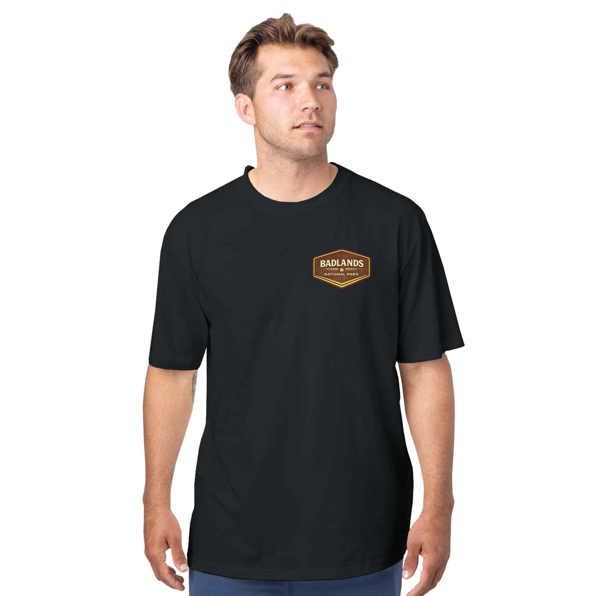 Man wearing a black t-shirt with a logo on a white background