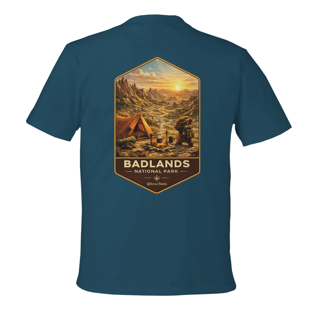 Blue t-shirt with Badlands National Park graphic on the back