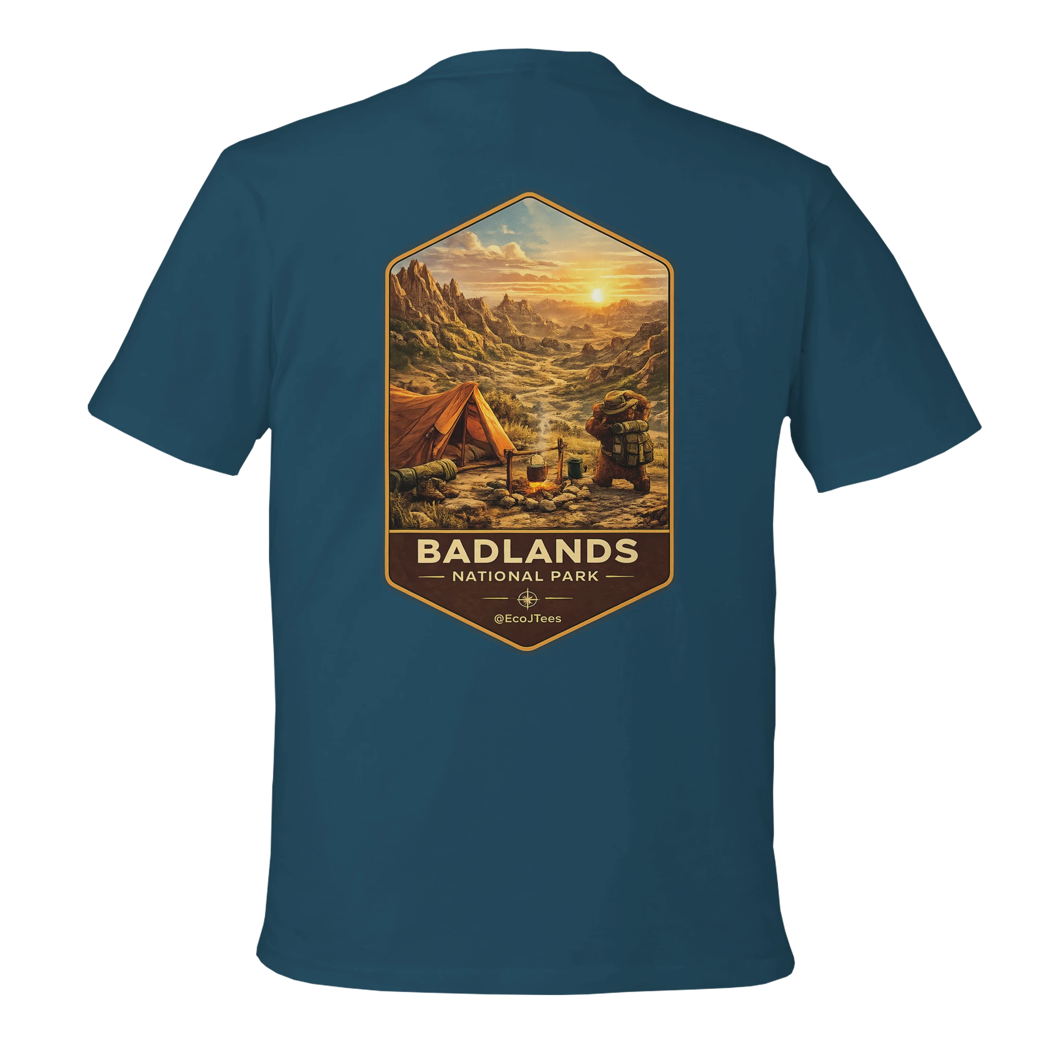 Blue t-shirt with Badlands National Park graphic on the back