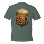 Green t-shirt with Badlands National Park graphic on the back