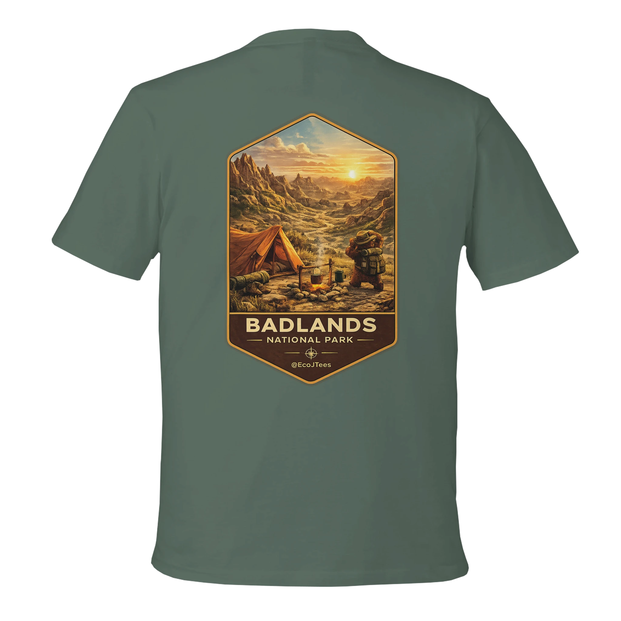 Green t-shirt with Badlands National Park graphic on the back