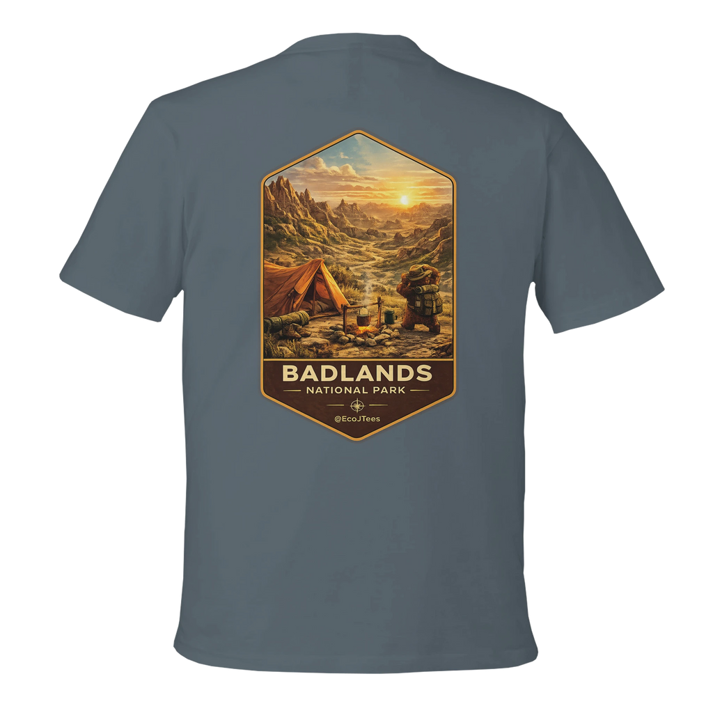 Gray t-shirt with Badlands National Park graphic on the back