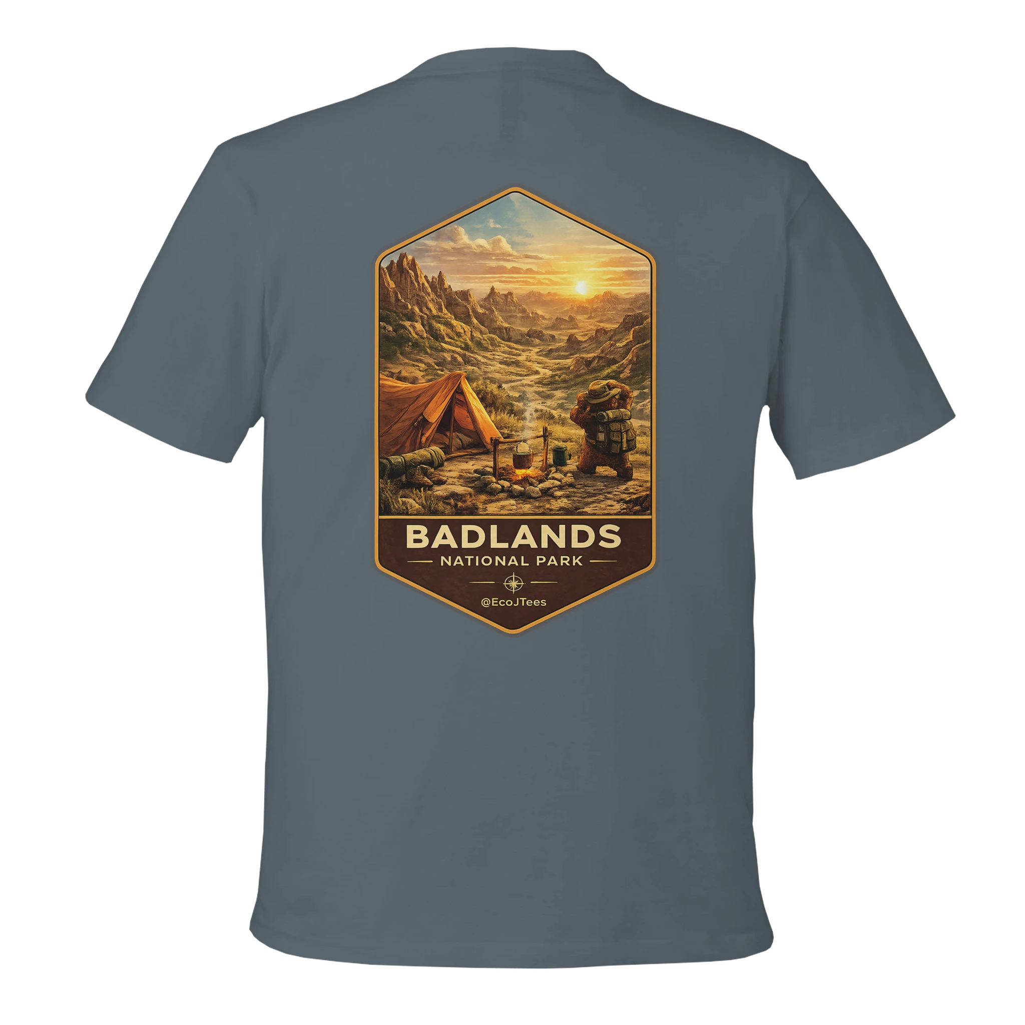 Gray t-shirt with Badlands National Park graphic on the back