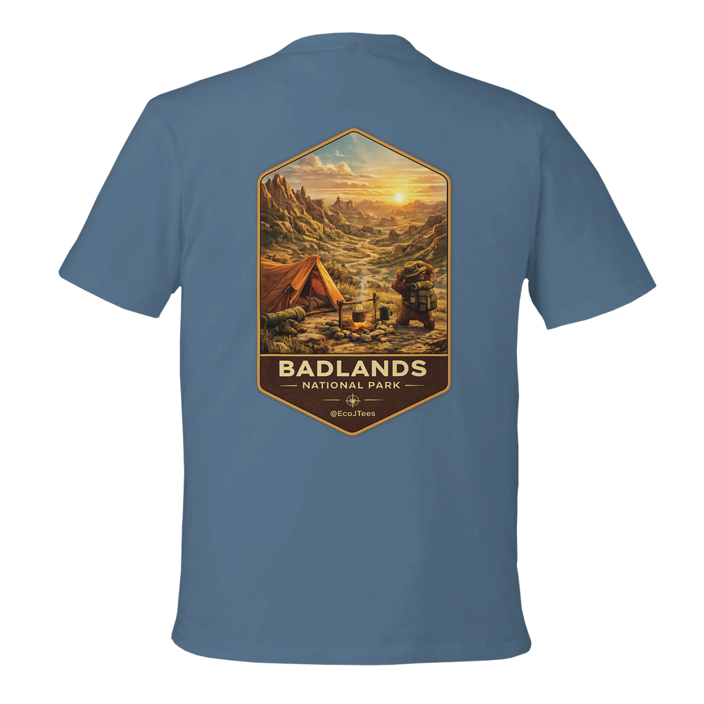 Blue t-shirt with Badlands National Park graphic on the back