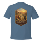 Blue t-shirt with Badlands National Park graphic on the back