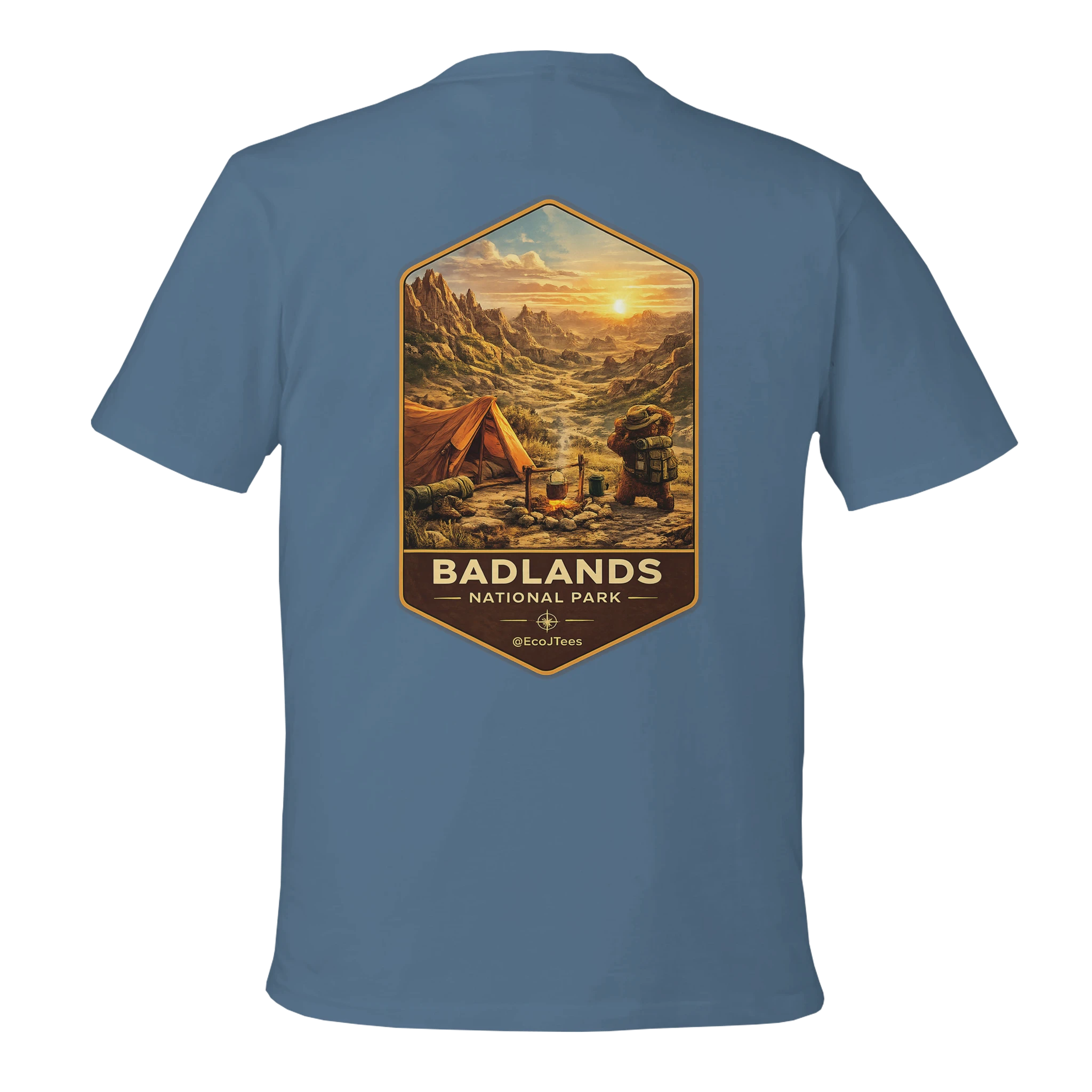 Blue t-shirt with Badlands National Park graphic on the back