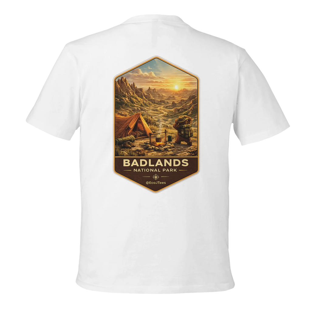 White t-shirt with Badlands National Park graphic on a white background