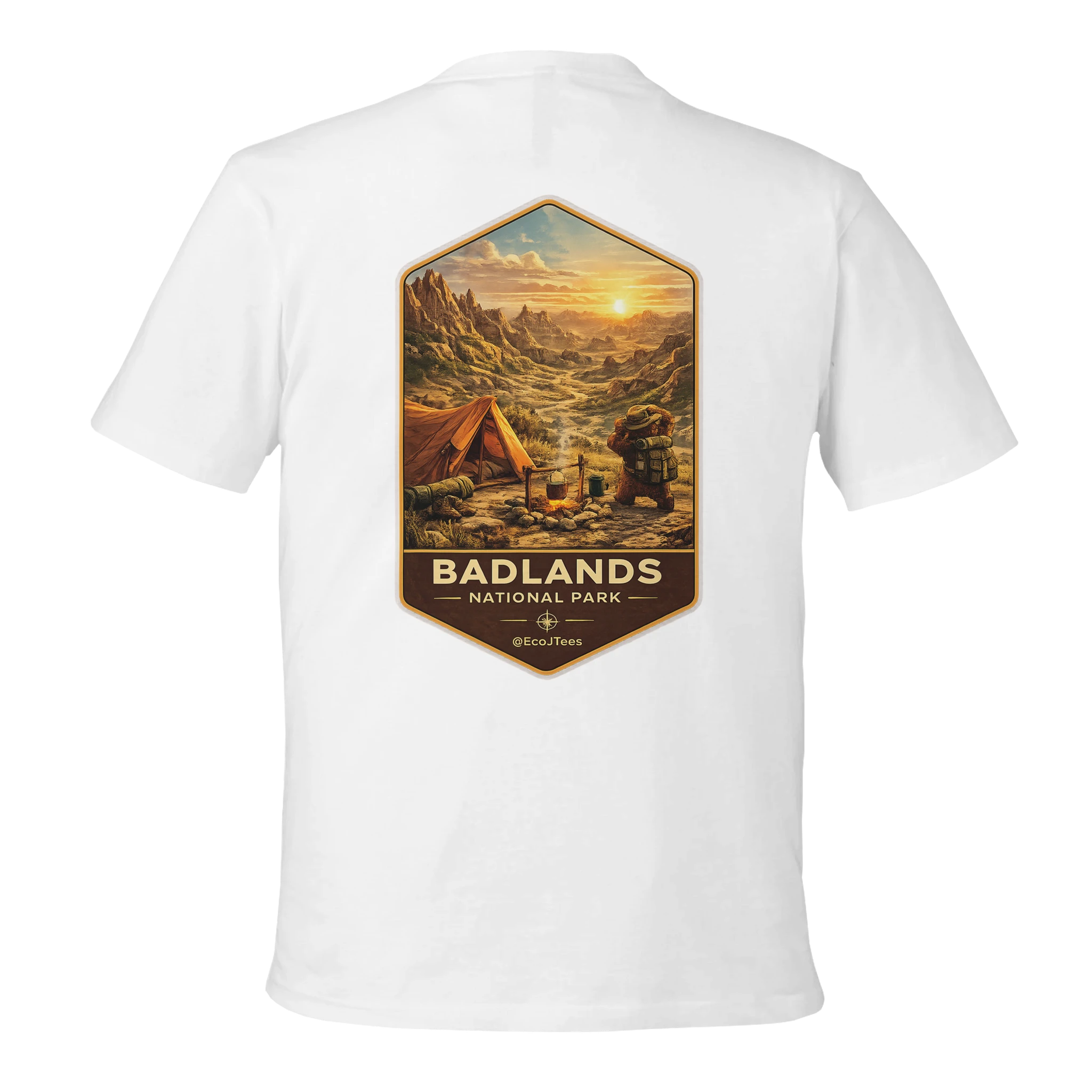 White t-shirt with Badlands National Park graphic on a white background
