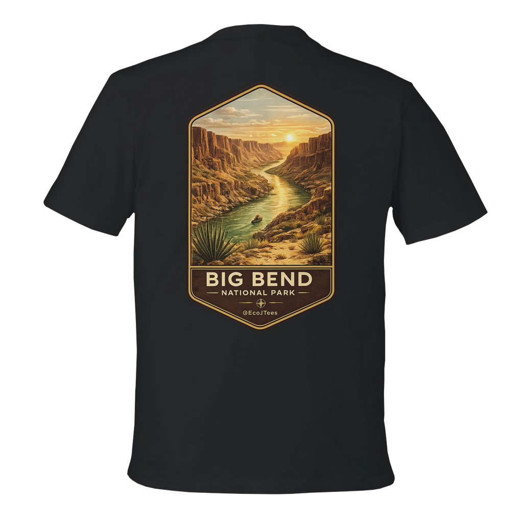 Black t-shirt with a graphic of Big Bend National Park on the back