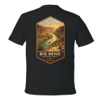 Black t-shirt with a graphic of Big Bend National Park on the back