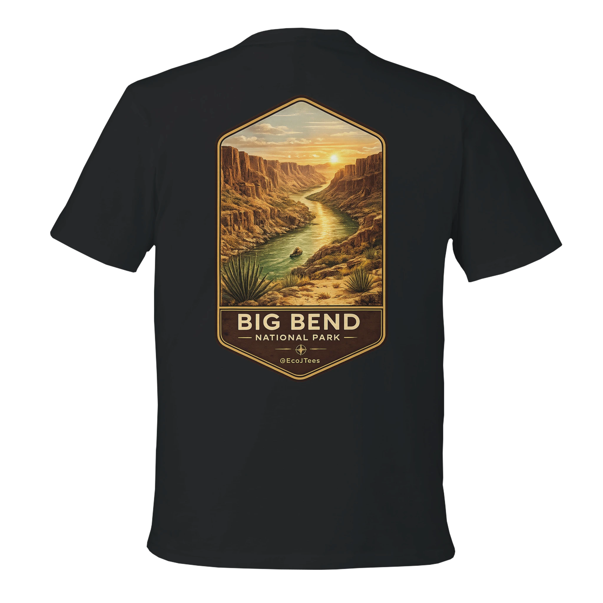 Black t-shirt with a graphic of Big Bend National Park on the back