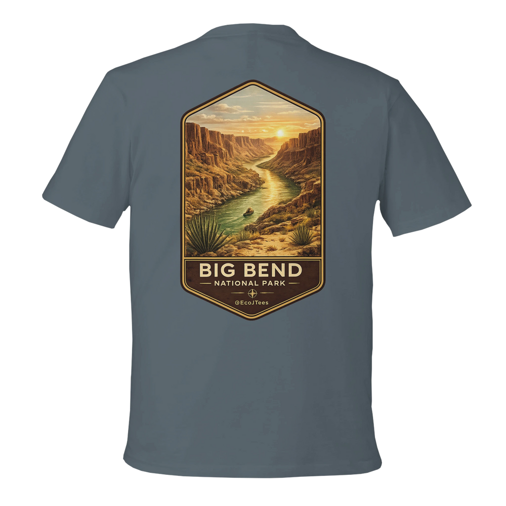 Gray t-shirt with a graphic of Big Bend National Park on the back