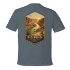 Gray t-shirt with a graphic of Big Bend National Park on the back