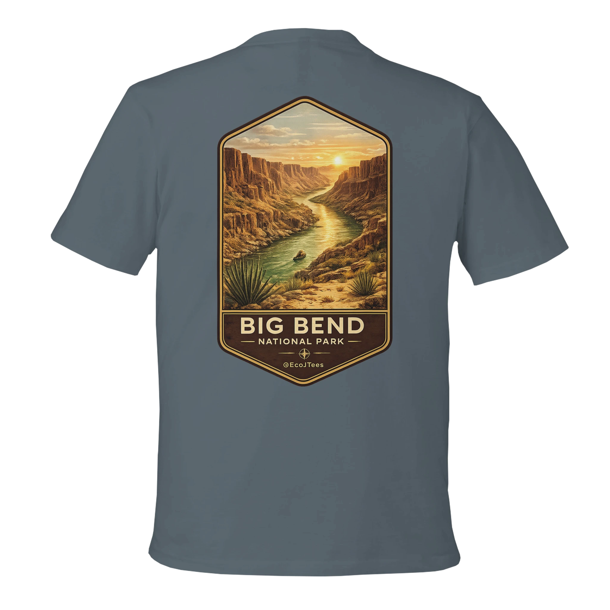 Gray t-shirt with a graphic of Big Bend National Park on the back