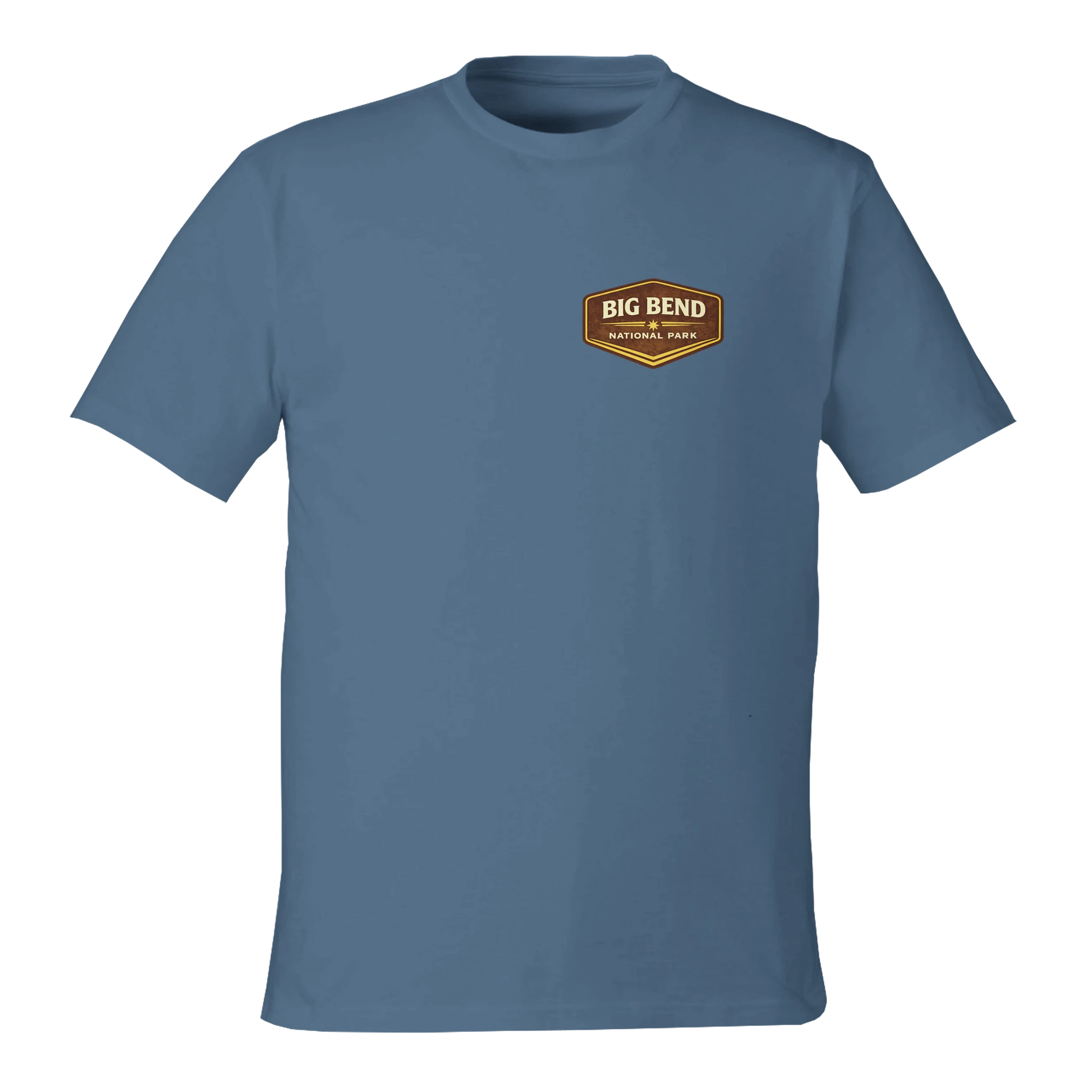 Blue t-shirt with a 'Big Bend National Park' logo on a white background