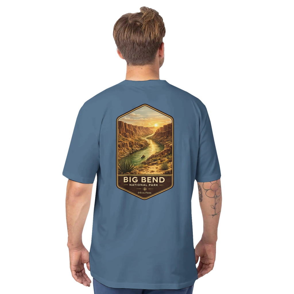 Man wearing a blue t-shirt with Big Bend National Park graphic on the back