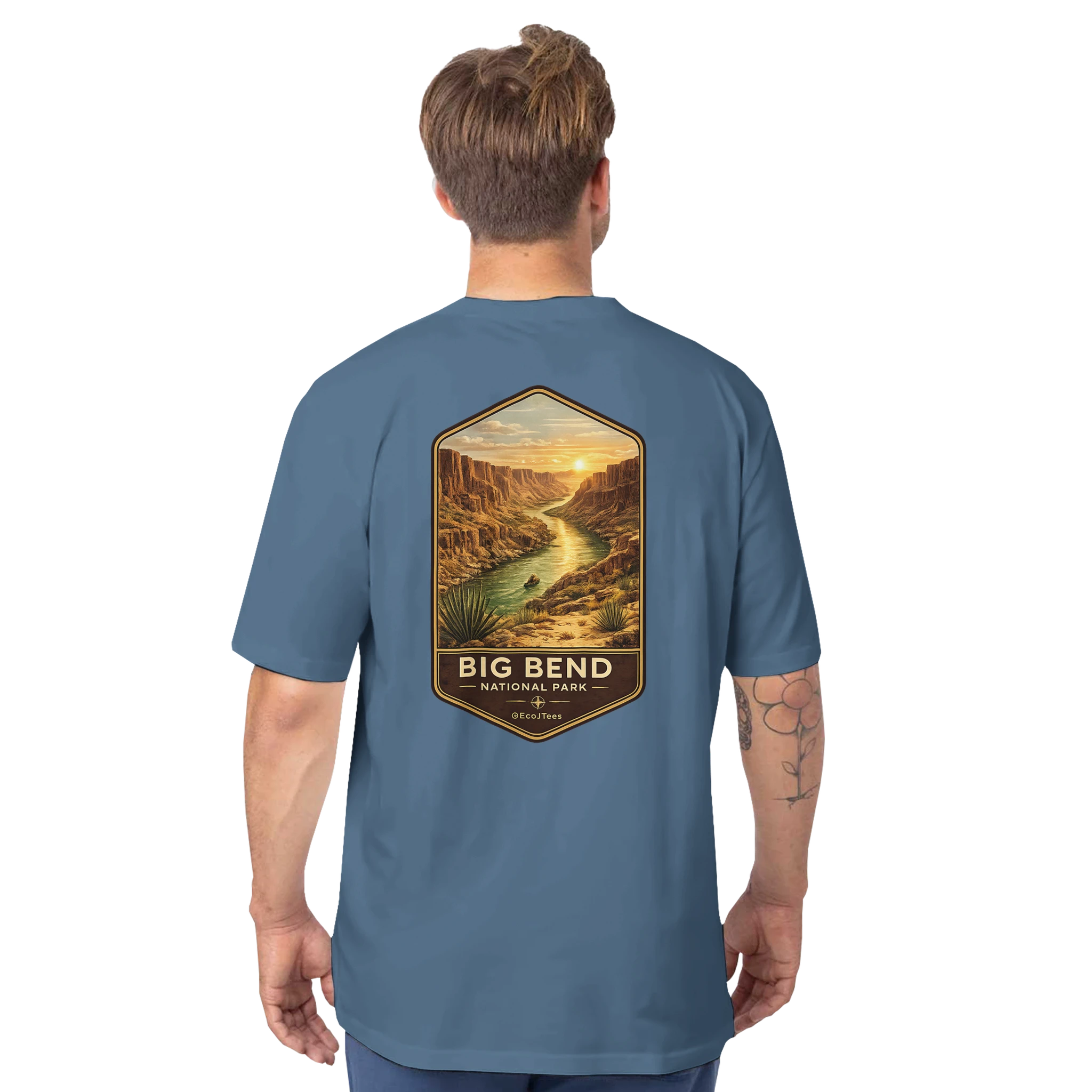 Man wearing a blue t-shirt with Big Bend National Park graphic on the back