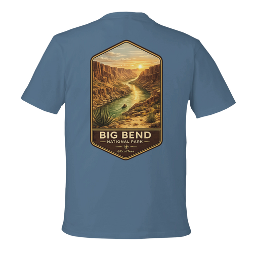 Lite Blue t-shirt with a graphic of Big Bend National Park on the back