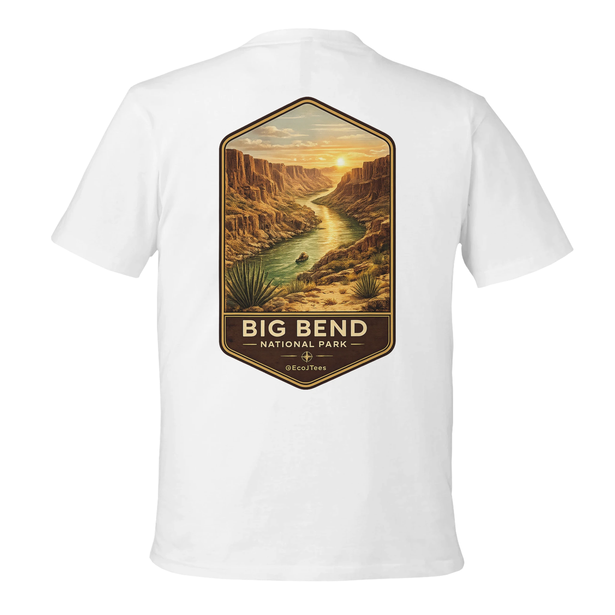 White t-shirt with a graphic of Big Bend National Park on the back
