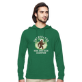 Man wearing a green bigfoot hoodie with a graphic design on a white background