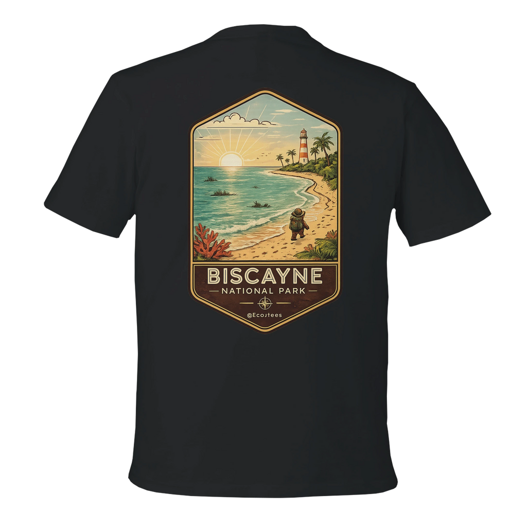 Black t-shirt with a scenic design of Biscayne National Park on the back