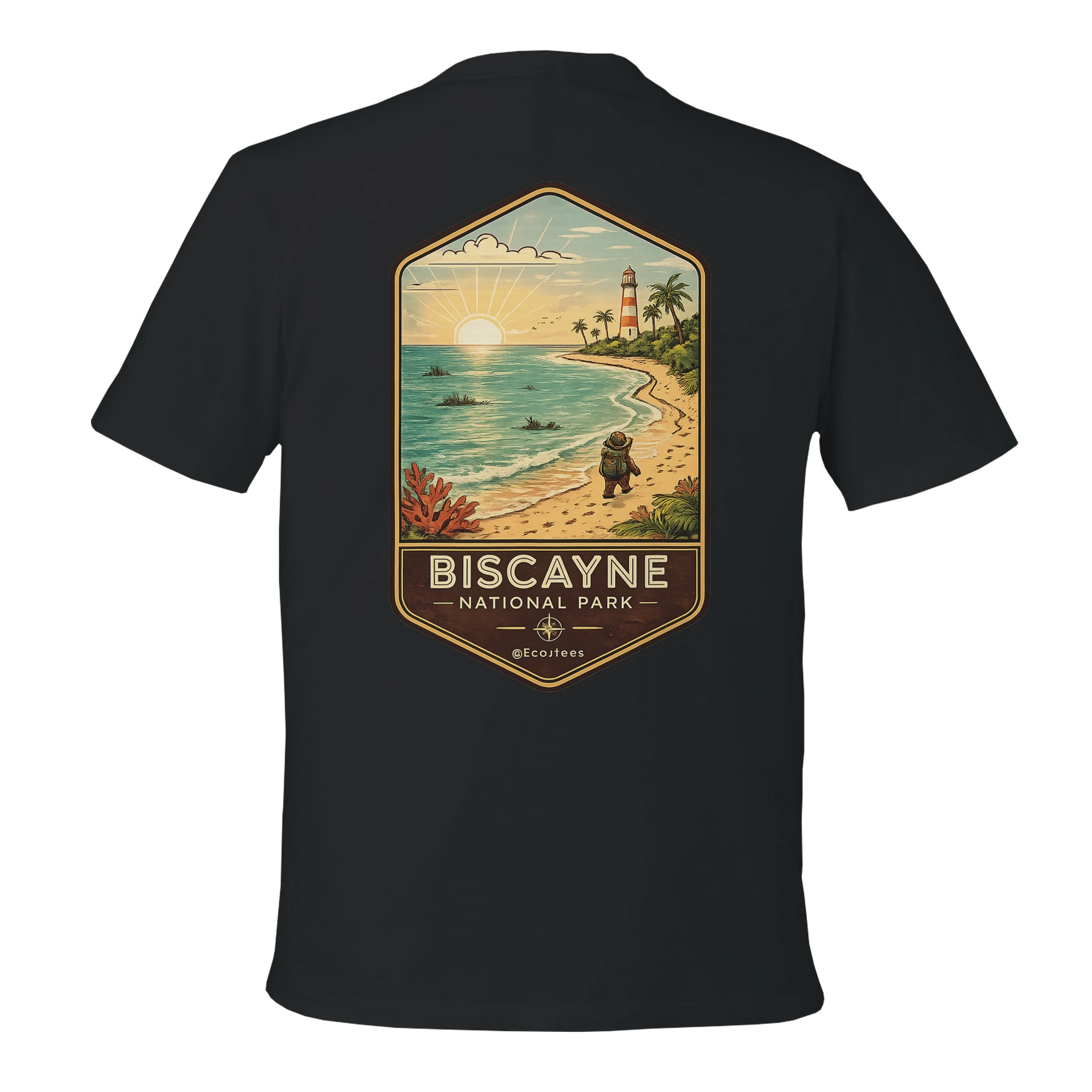 Black t-shirt with a scenic design of Biscayne National Park on the back